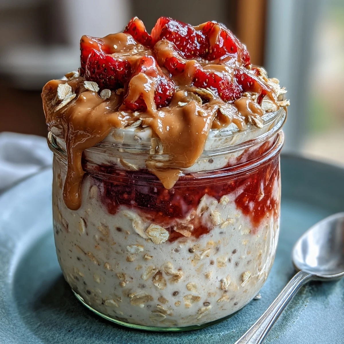 Fruits frais et cuillère en bois posée près des Overnight Oats Protéinés au Beurre de Cacahuète et Confiture de Fraise pour un réconfort matinal.