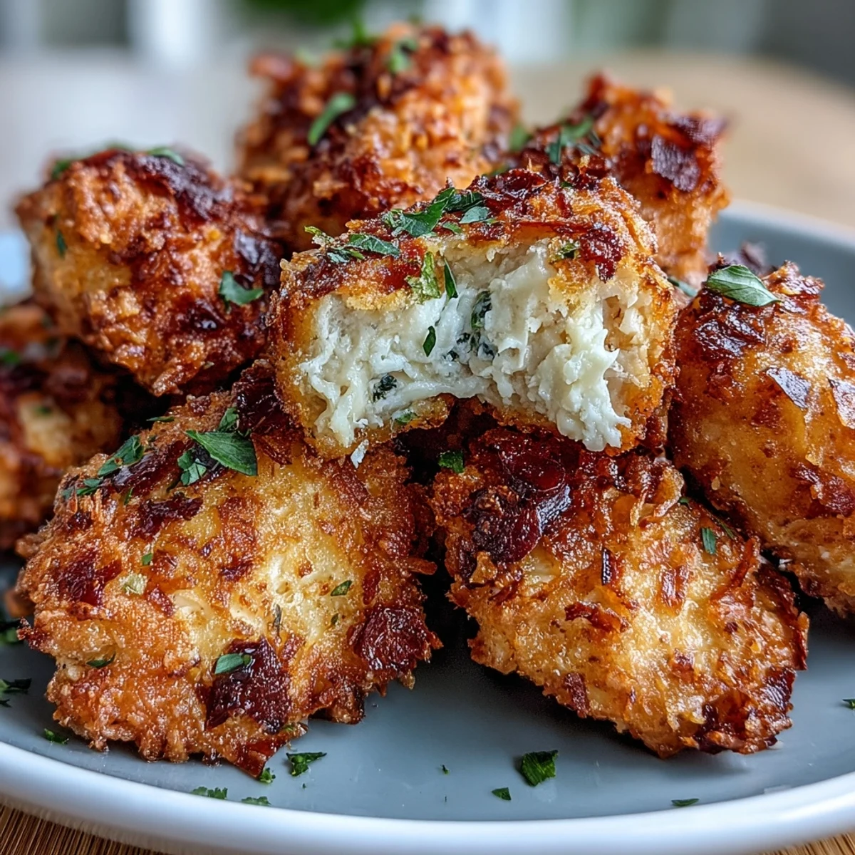 Bouchées de poulet Asiago Panko dorées au four, croustillantes et encore fumantes sur une plaque de cuisson.