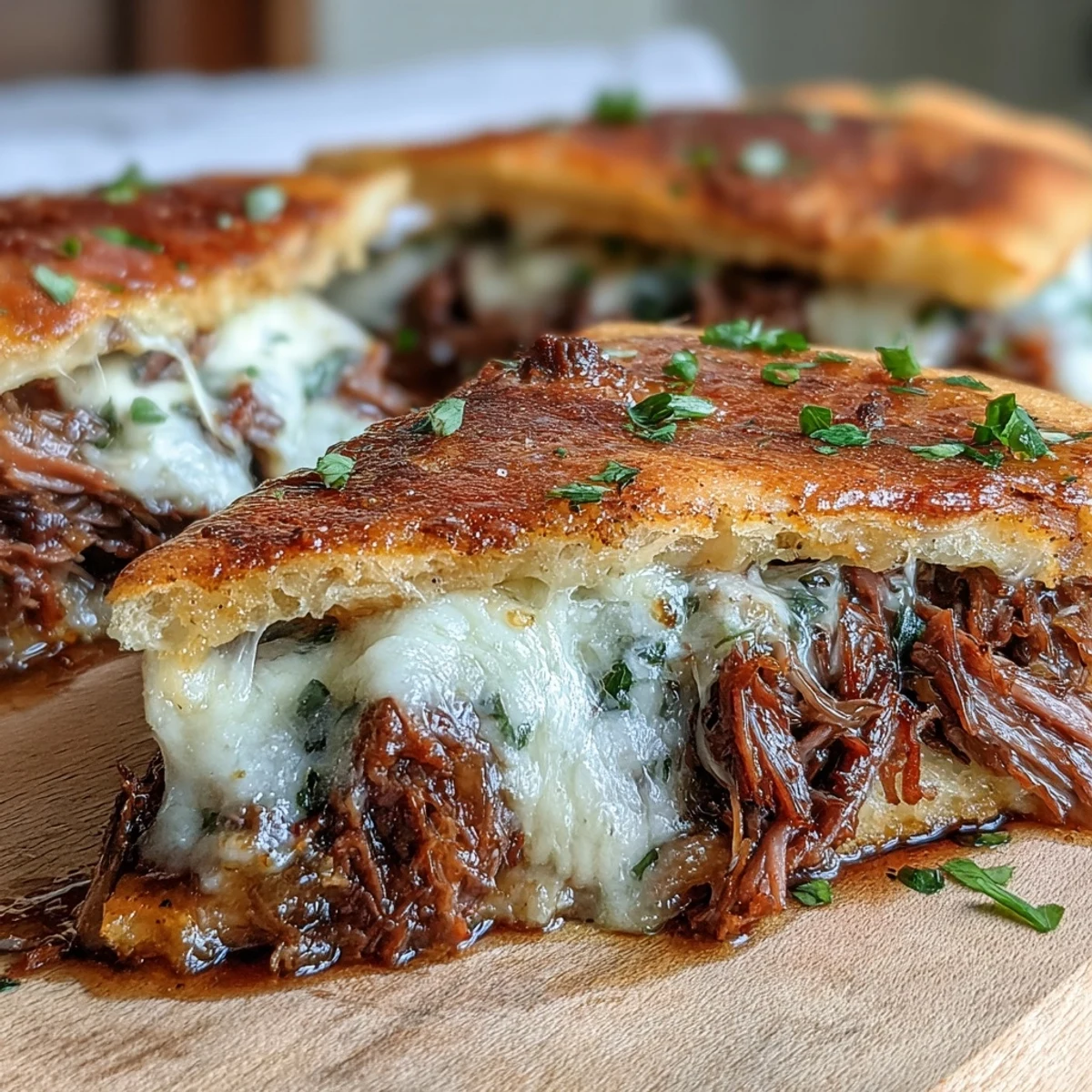 Slow cooker beef and garlic naan melt loaded with gooey provolone and mozzarella, ready to dip in rich au jus.