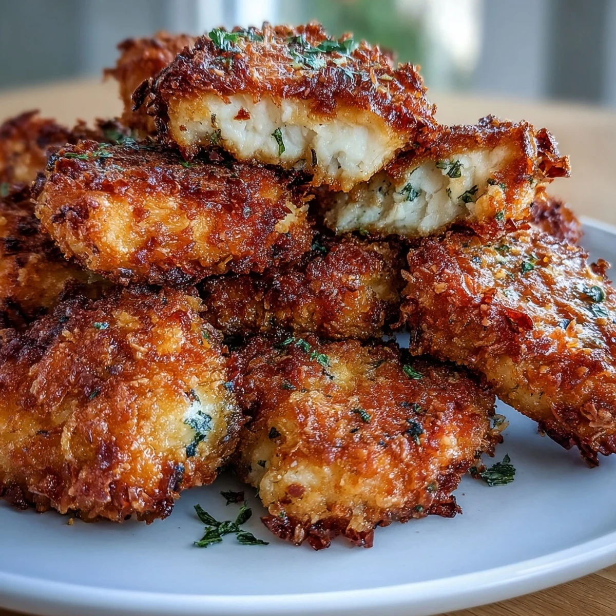 Ces bouchées de poulet Asiago Panko éparpillées sur une salade verte, avec une trempette crémeuse à côté, pour une collation savoureuse.