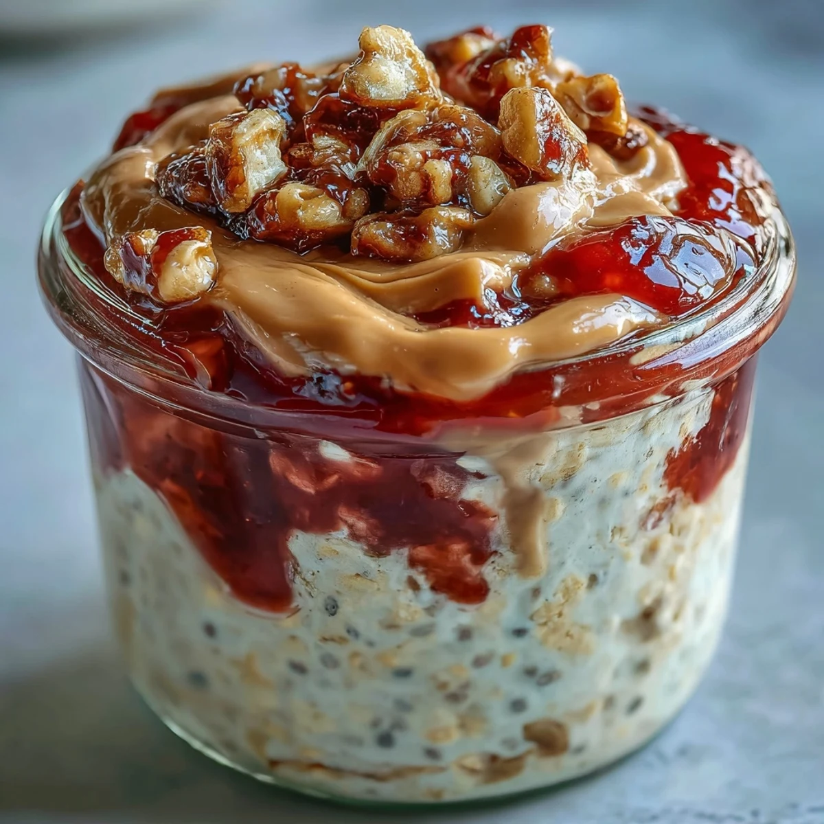 Smooth peanut butter and strawberry jam swirl overnight oats topped with sliced fresh berries in a glass jar. 
