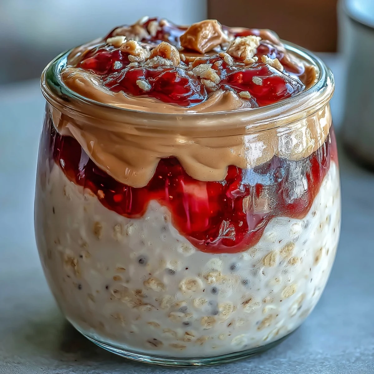 Ready-to-eat breakfast jar of High-Protein Peanut Butter & Jelly Overnight Oats with crunchy peanut garnish.