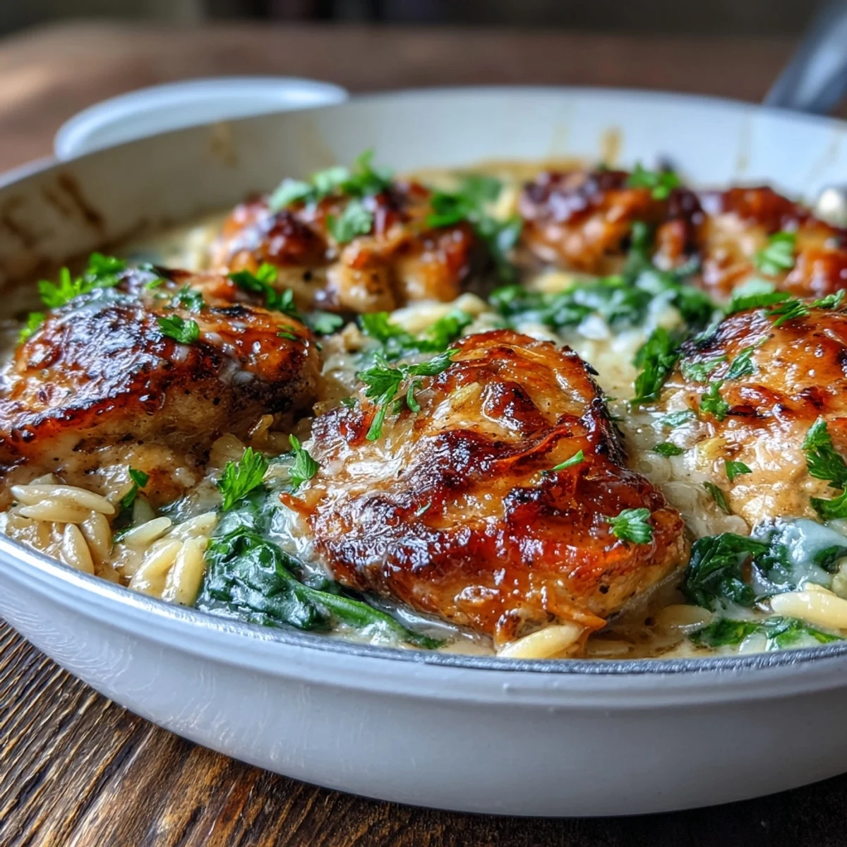 Découverte gourmande du plat principal One-Pot Creamy Garlic Parmesan Chicken Orzo, avec sa sauce crémeuse au parmesan, son poulet doré et ses notes d'ail.