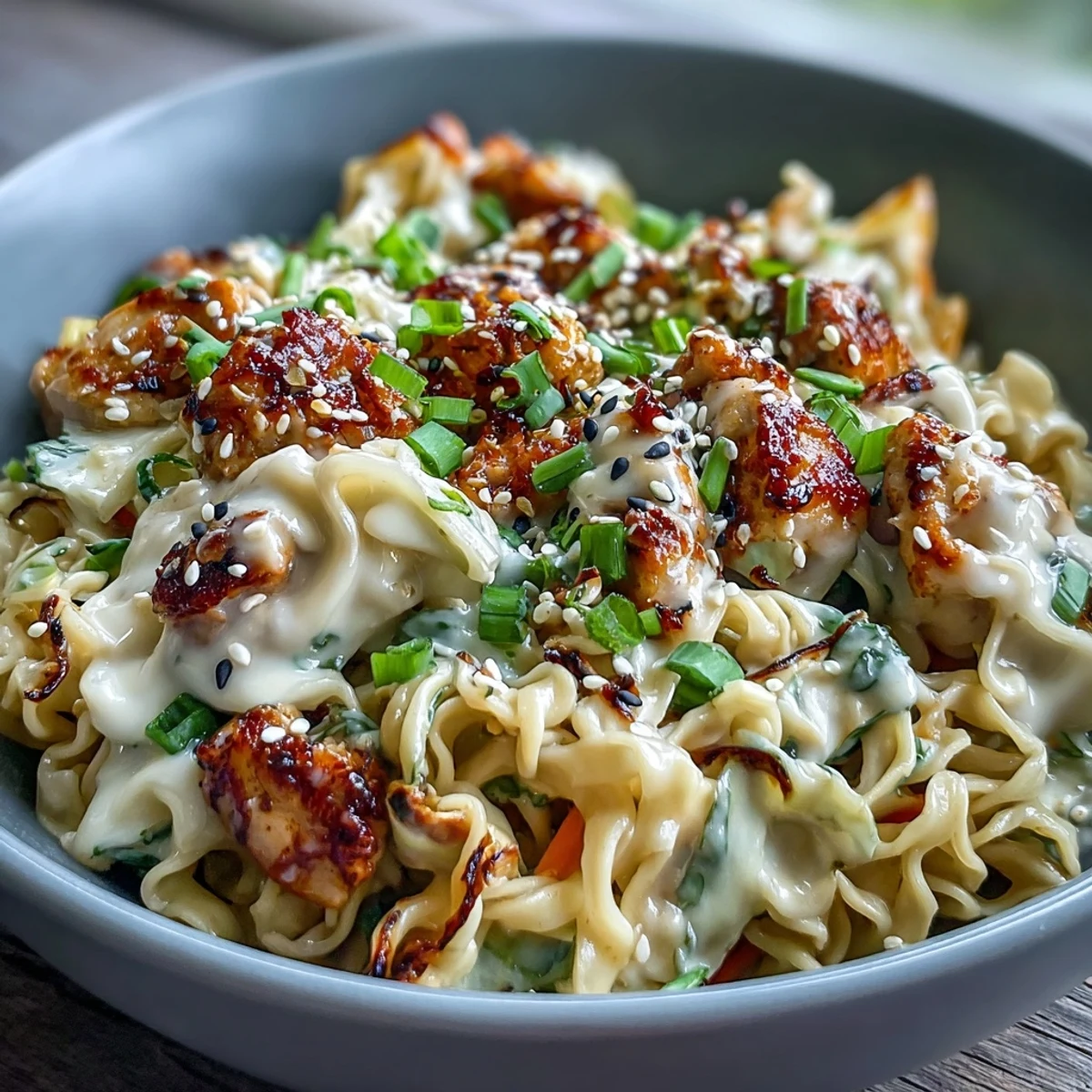 Quick Creamy Potsticker Noodle Stir-Fry in a skillet with coleslaw mix, ramen, and turkey, steaming hot