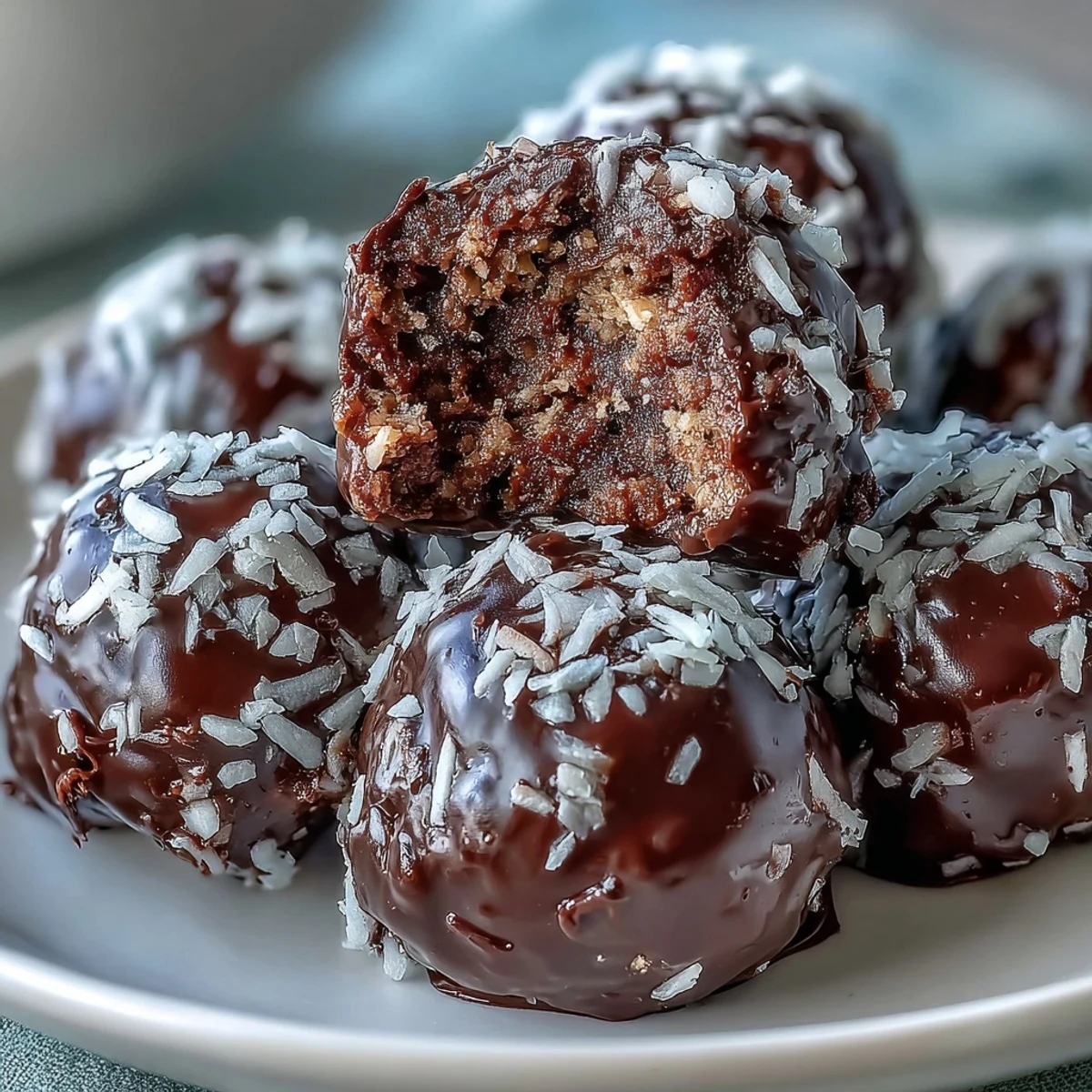 Healthy Chocolate Coconut Bites with a rich dark chocolate coating, stacked and ready to serve for a quick snack.