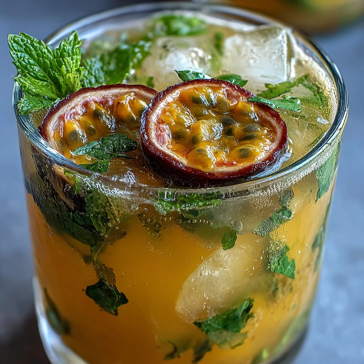 Le Passionfruit Mojito en verre haut, glaçons et zestes de citron vert bien visibles.