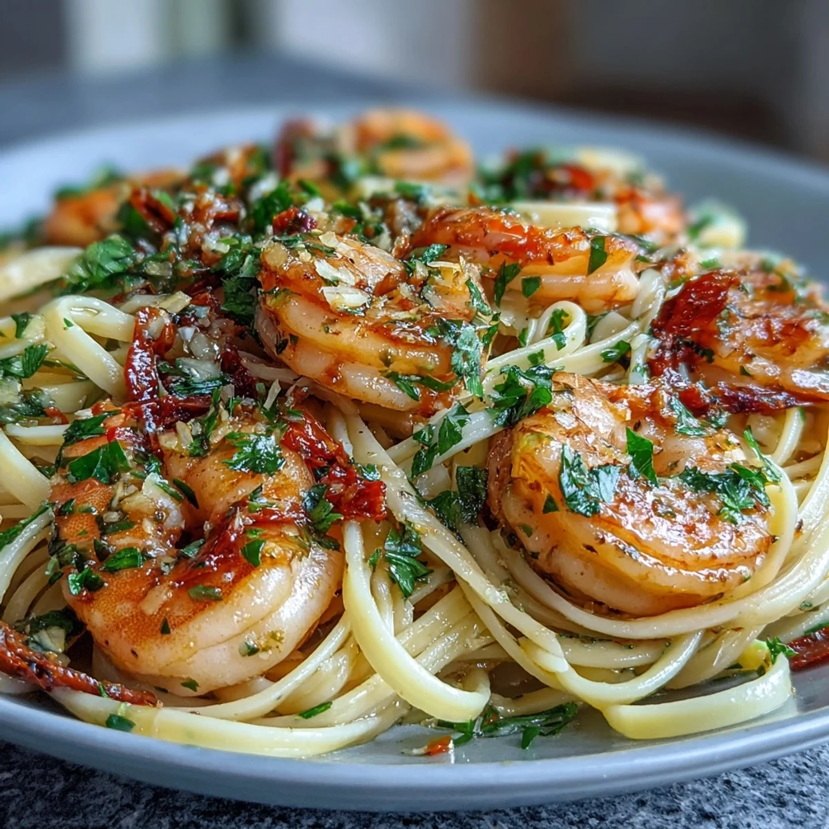 Une assiette de Chilli-Garlic Shrimp Linguine fumante avec des crevettes roses juteuses et des pâtes al dente nappées d'huile pimentée.