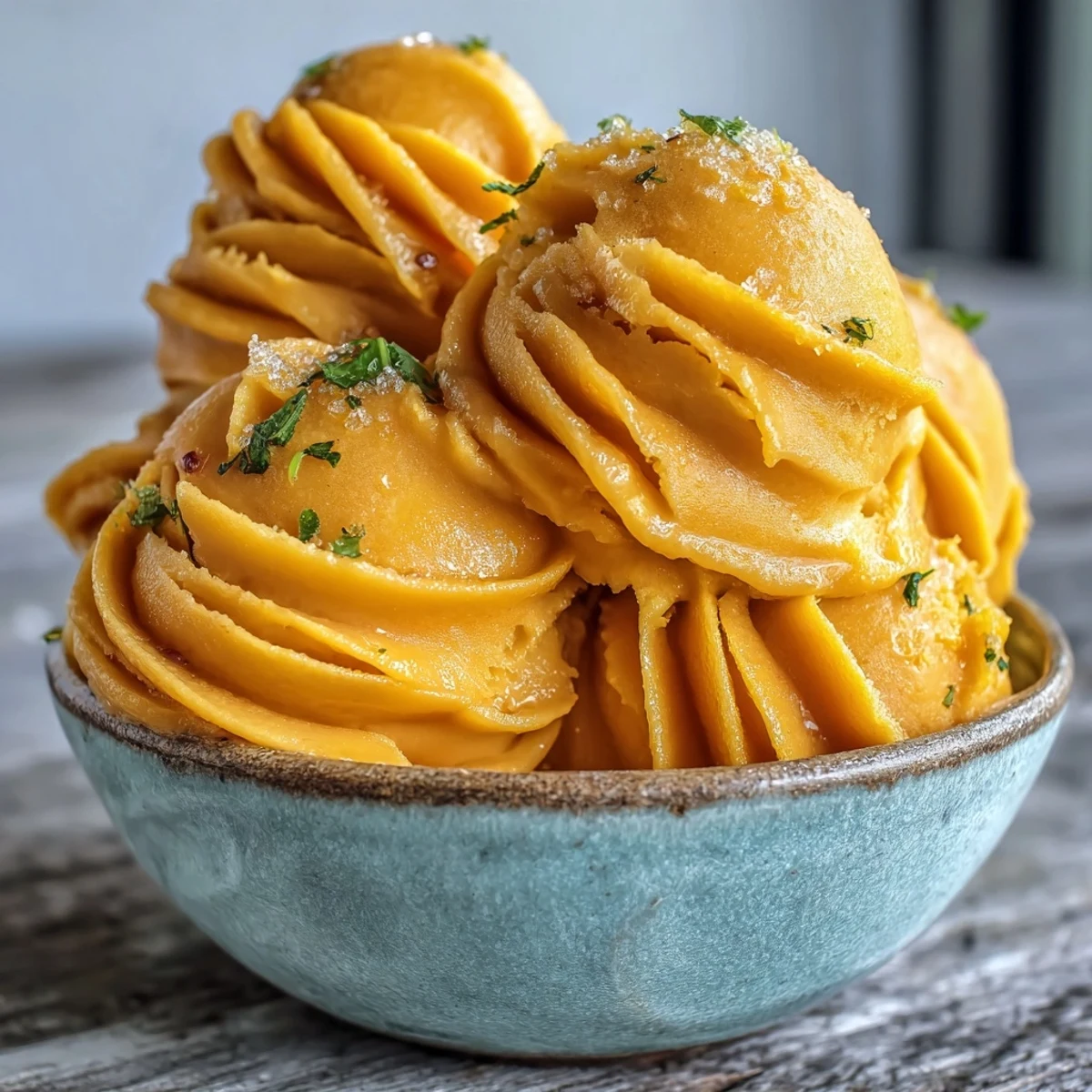 Vibrant mango sorbet served in chilled glasses topped with diced mango