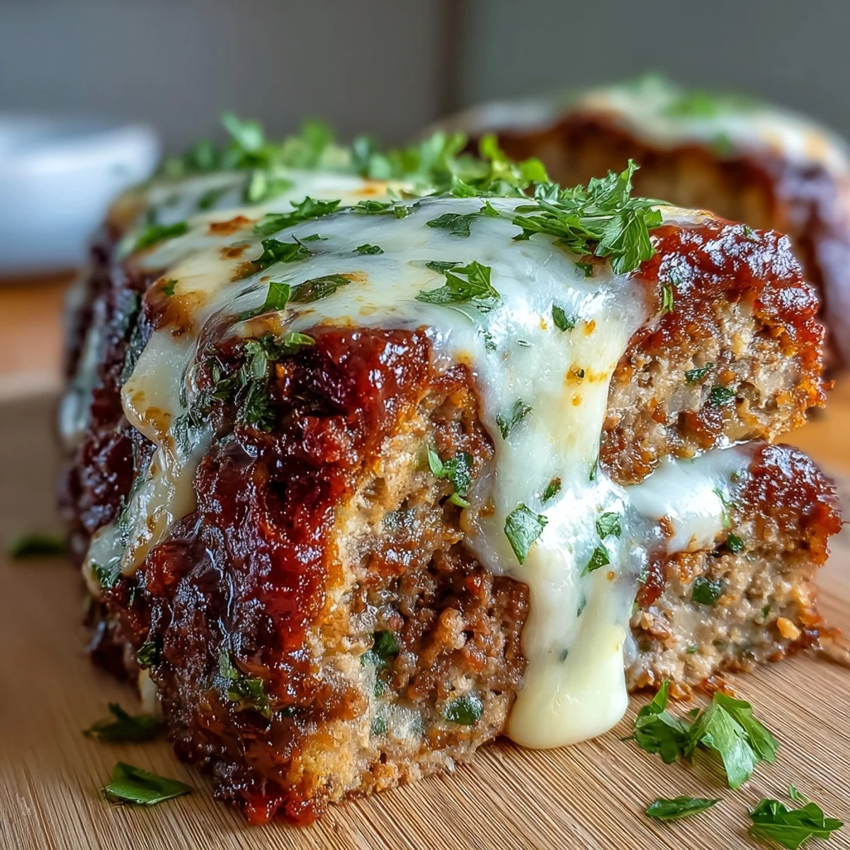 Savory Italian Meatloaf with Mozzarella bubbling with rich marinara and gooey melted cheese, served warm from the oven.