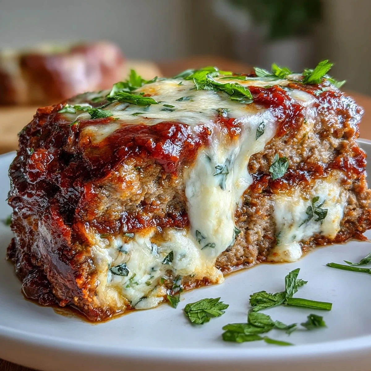 Freshly baked Italian Meatloaf with Mozzarella sliced to reveal juicy beef and melted cheese, paired with marinara dipping sauce.