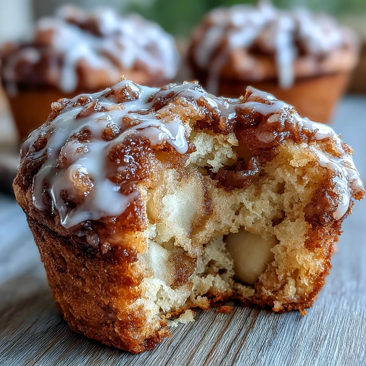 Apple Fritter Muffins dorés au four, saupoudrés de sucre glace et servis avec un café chaud.