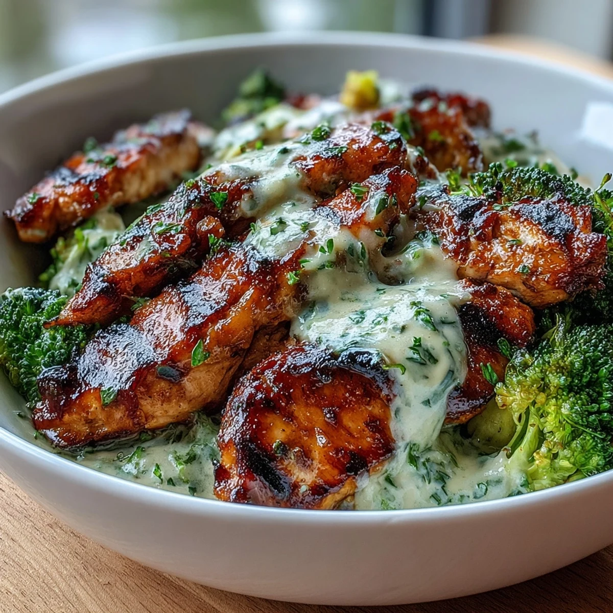 Bol de Poulet Grillé et Brocoli avec Sauce Crémeuse à l'Ail, garni de poulet juteux et de brocoli tendre.