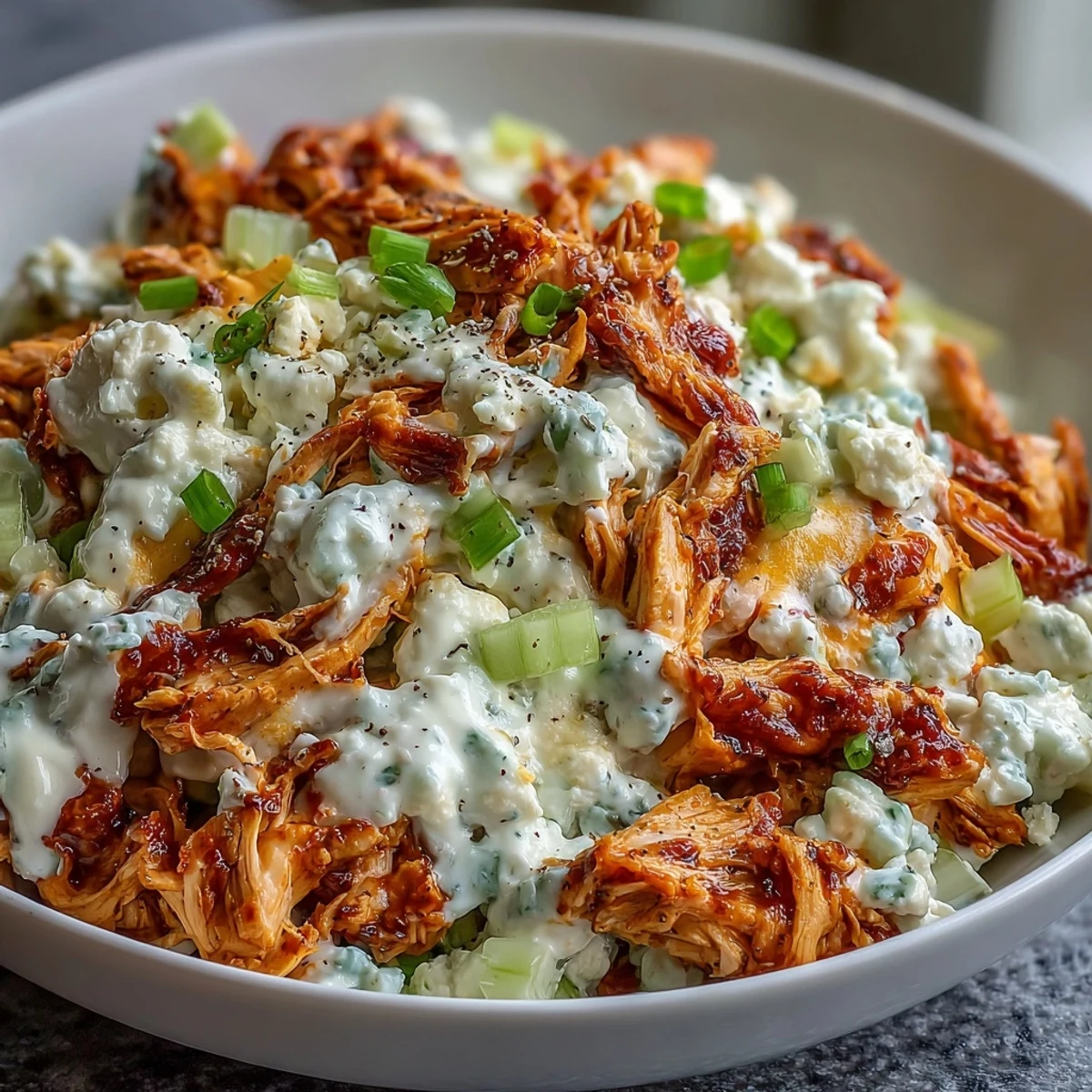 Salade Buffalo Chicken au cottage cheese, avec filets de poulet effilochés et légumes croquants sur un fond de sauce épicée. 