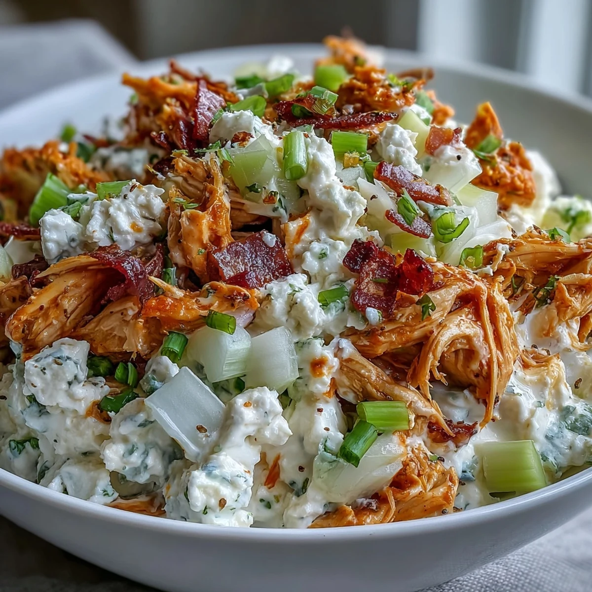 Fines tranches de céleri et d'oignon doux nappées d'une sauce au cottage cheese et yaourt grec, saupoudrées de cheddar fondant. 