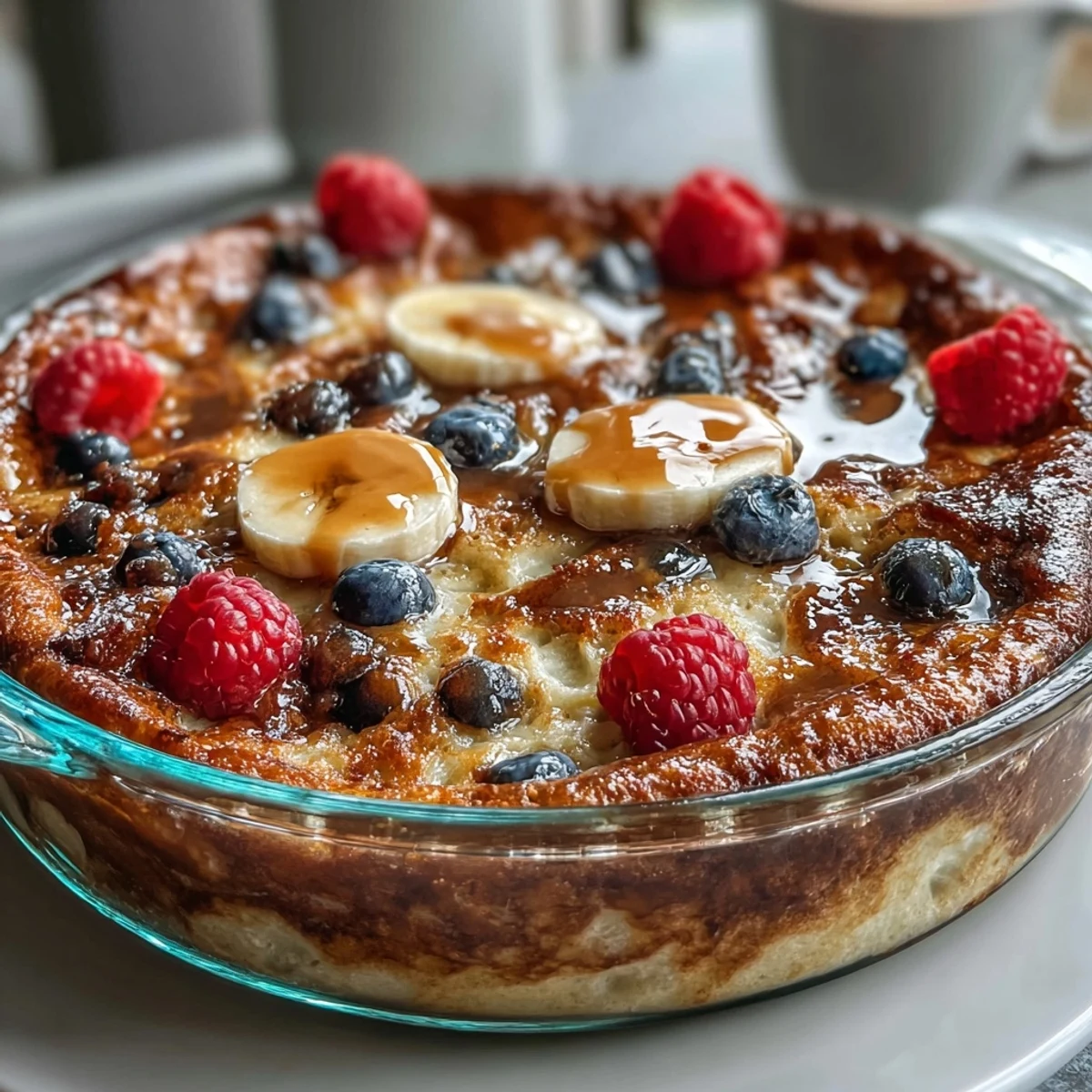 Une portion généreuse de Baked Protein Pancake Bowl encore fumante, servie avec une cuillère de yaourt grec et une noisette de beurre.