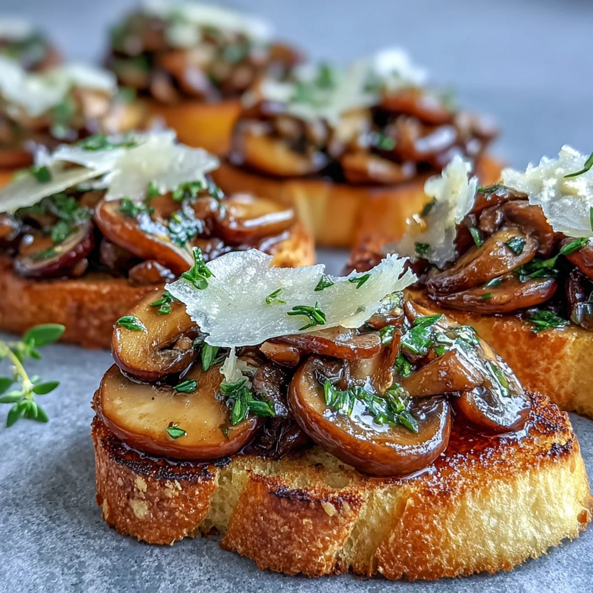 Des crostini aux champignons sauvages, garnis de thym et de copeaux de Parmesan savoureux.