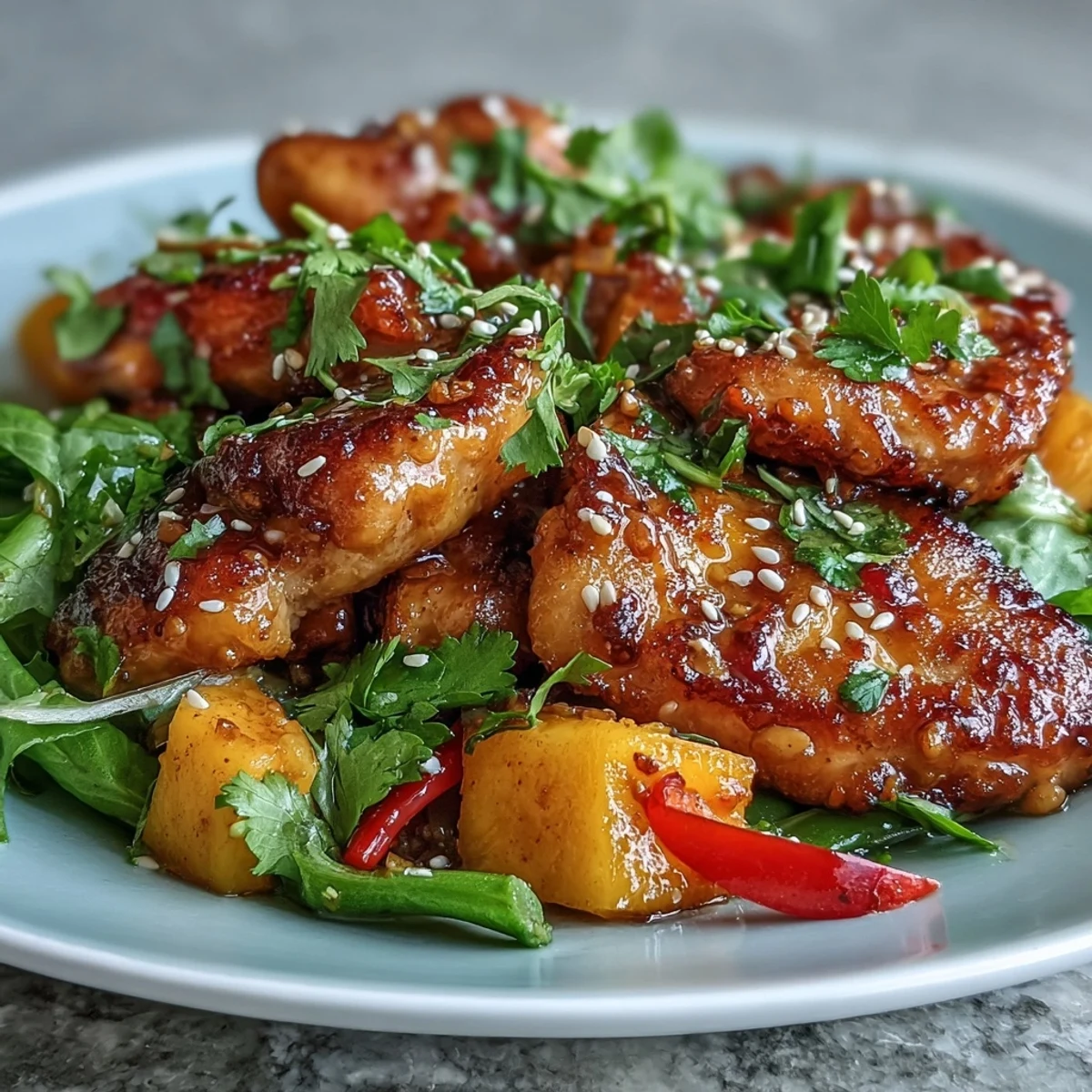 Cubed chicken, bright mango, crisp snap peas and peppers in golden turmeric sauce for a Mango Turmeric Chicken Stir-Fry.  