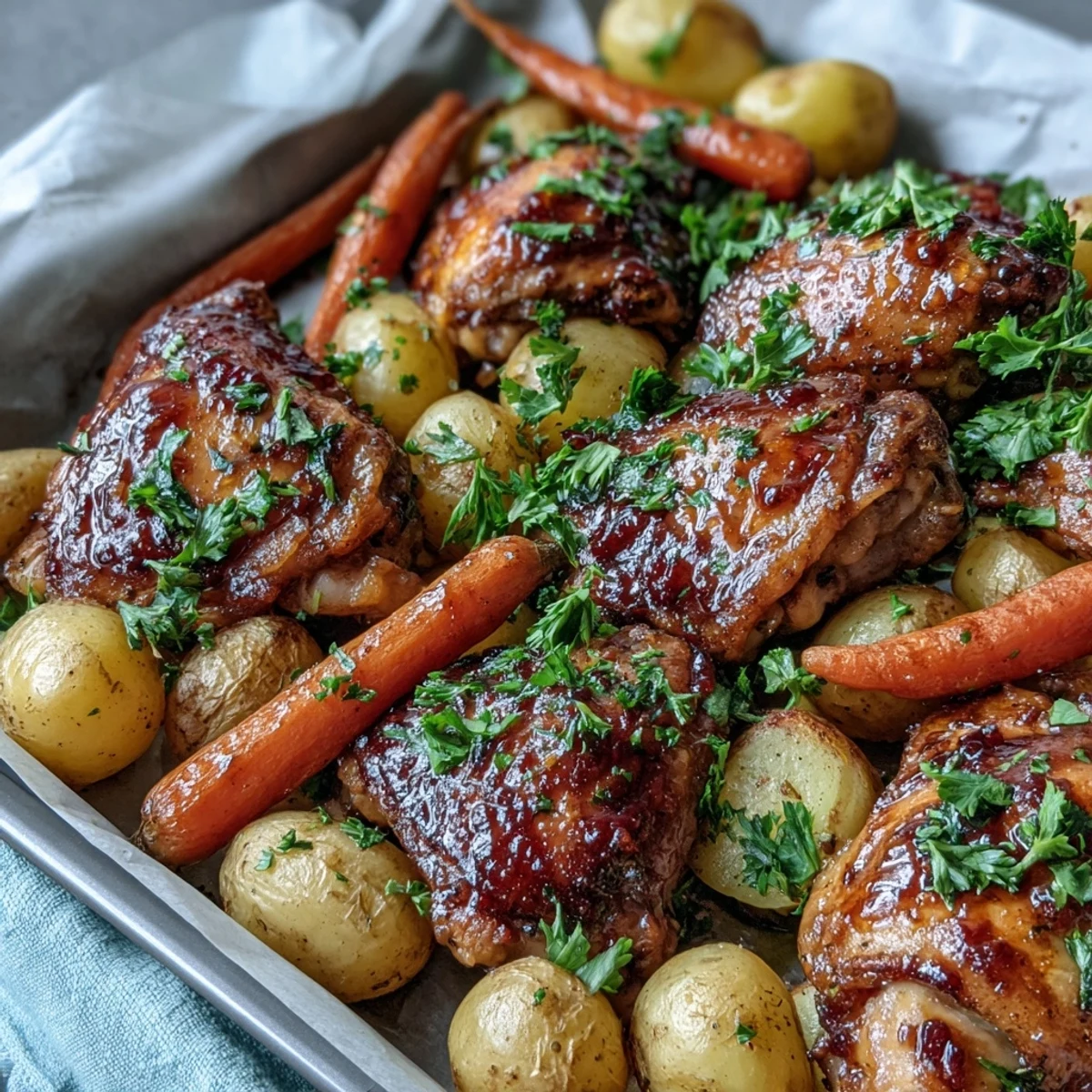 Juicy bone-in thighs for One-Pan Honey Mustard Chicken and Carrot Sheet Pan Dinner alongside caramelized carrots on a sheet pan.