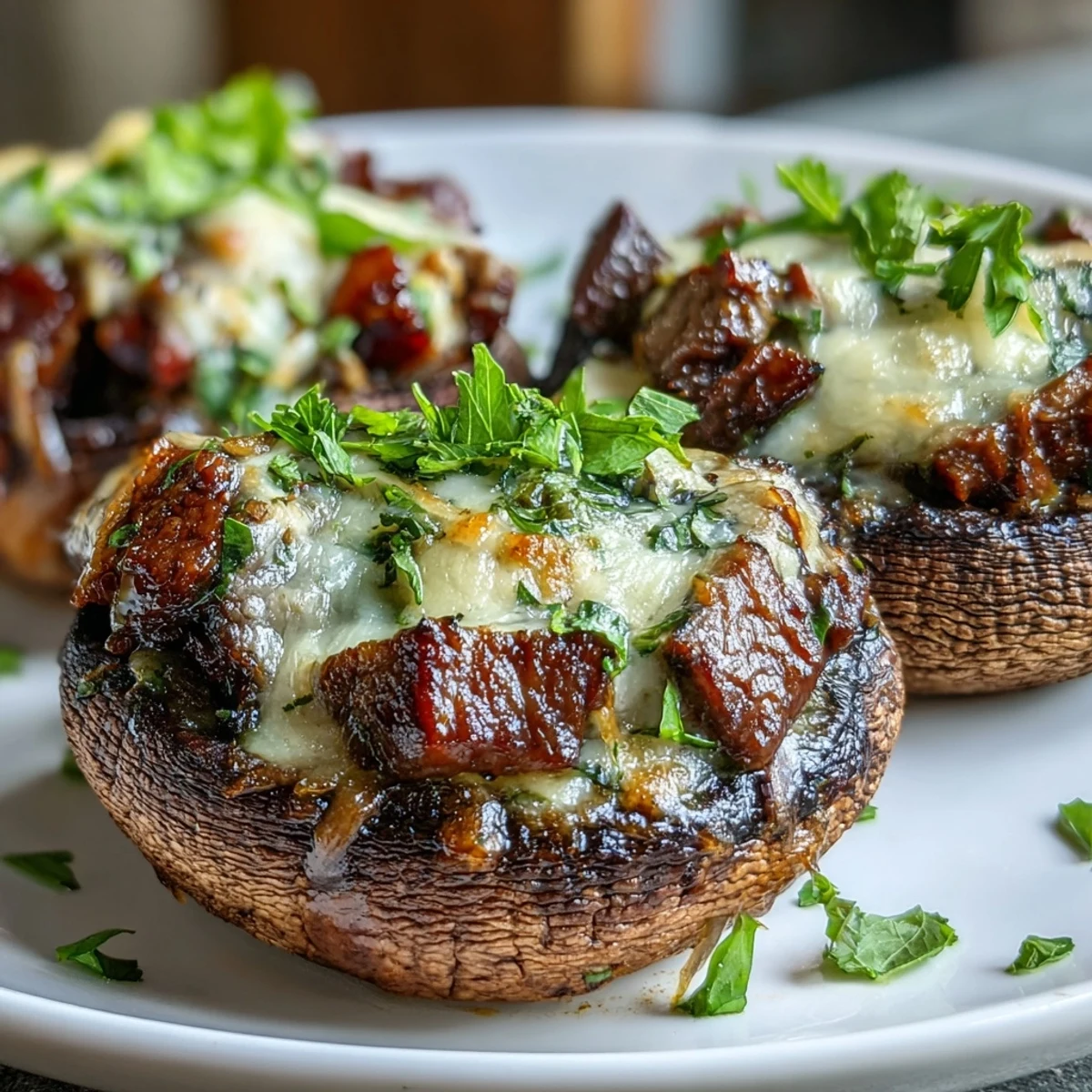 Golden Keto Philly Cheesesteak Stuffed Portobello Mushrooms ready to serve, garnished with fresh parsley on a rustic plate.