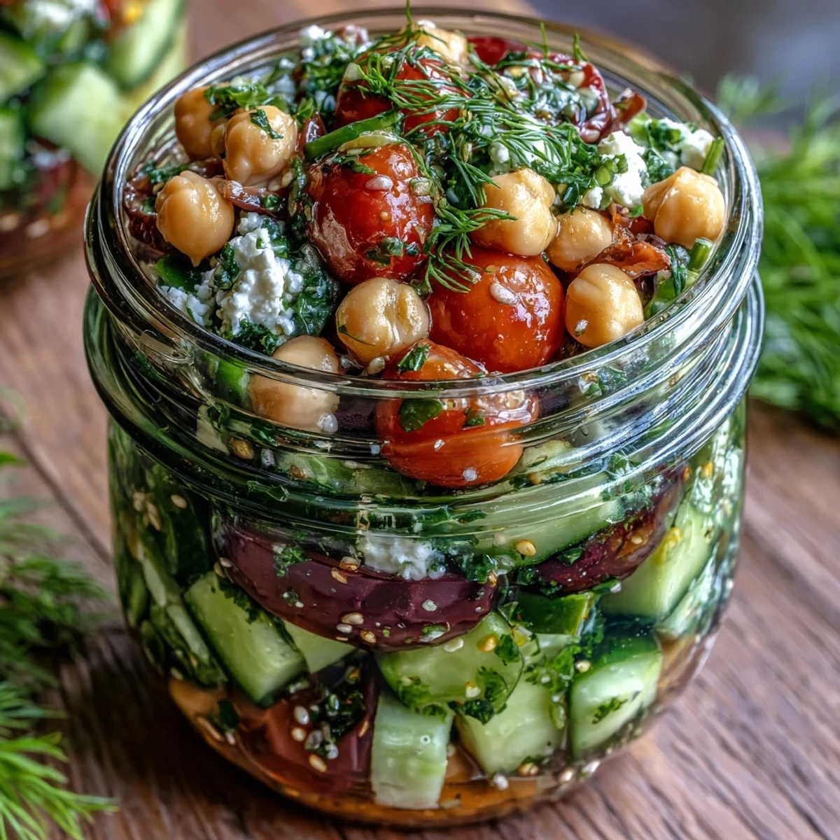 Close-up of Citrus Herb Chickpea Cucumber Salad Jars, colorful chickpeas, cucumbers, and herbs inside.