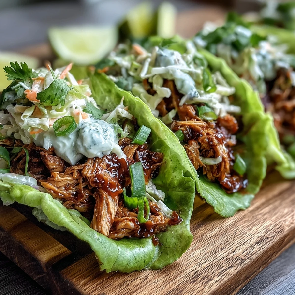 Vegan BBQ Jackfruit Lettuce Tacos topped with creamy slaw in crisp lettuce cups for a fresh bite.