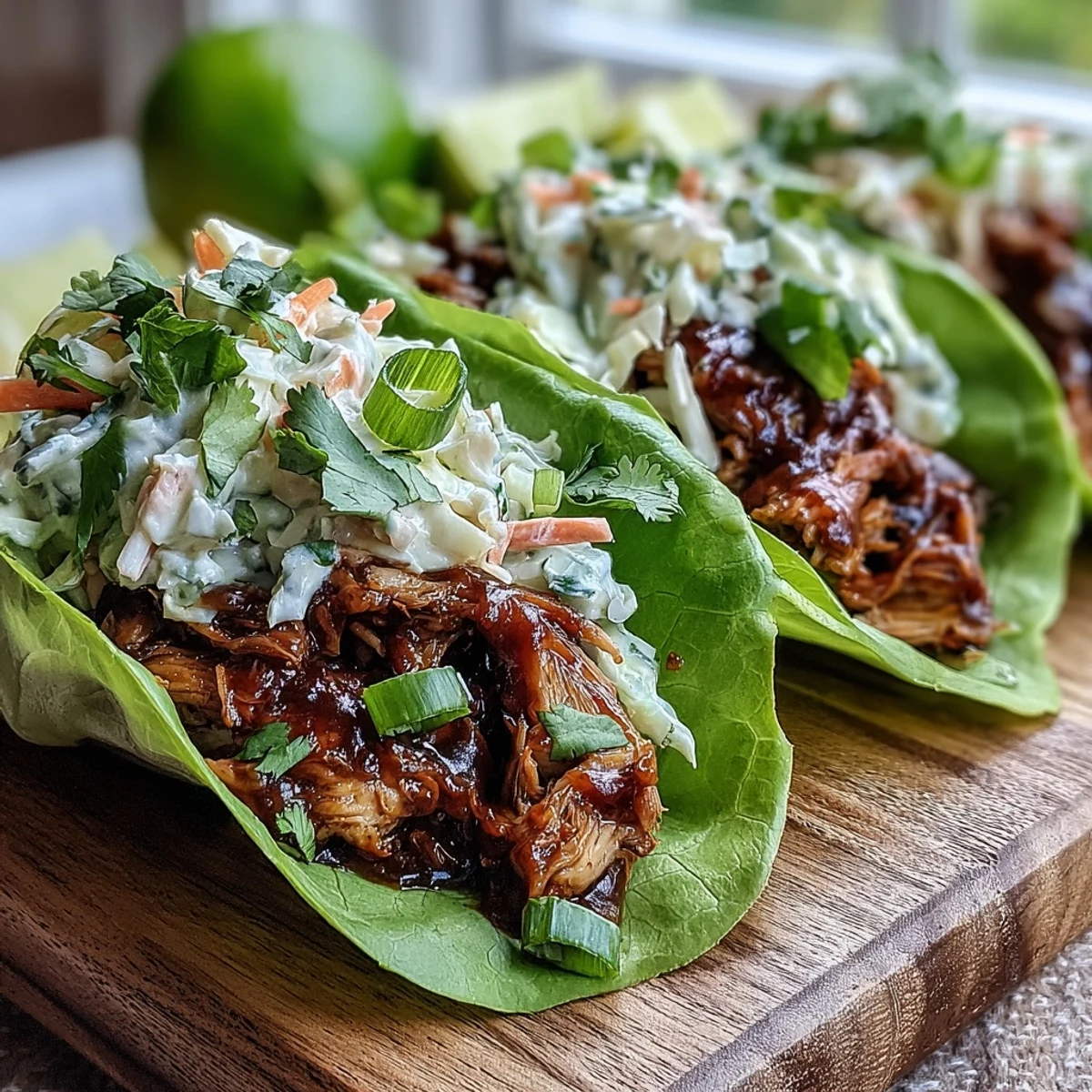 Smoky barbecue shredded jackfruit filling tucked into butter lettuce leaves and finished with a tangy vegan slaw.