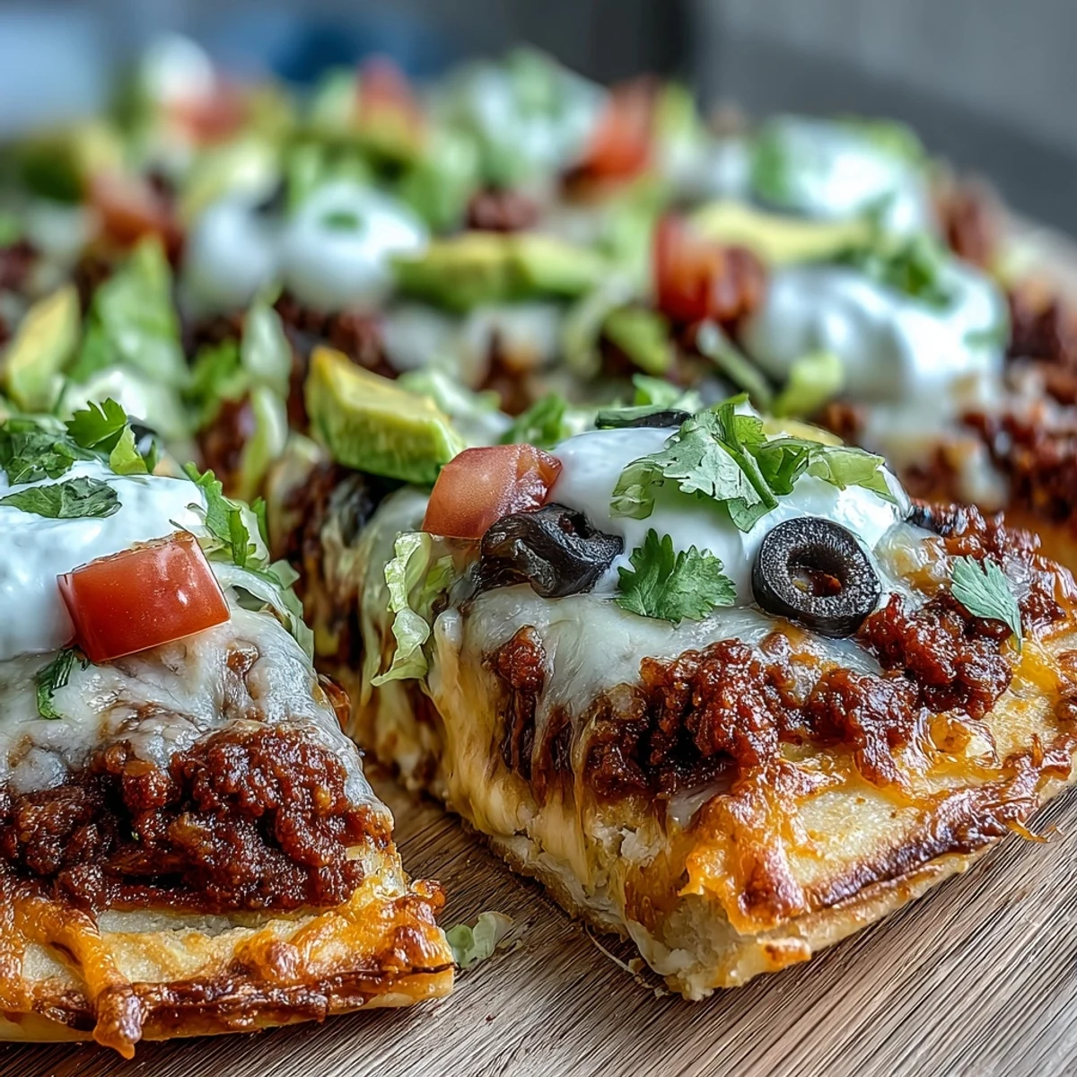 Keto Taco Pizza sur croûte de fromage fondue dans une poêle, garnie de viande de taco et de fines tranches d’avocat