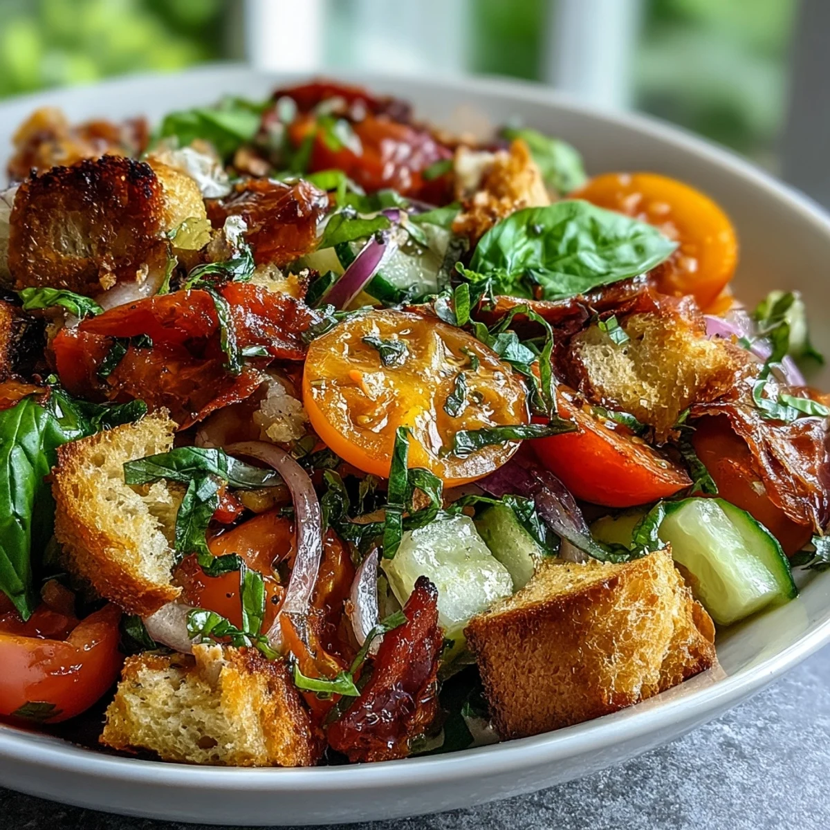 Une salade Panzanella au levain avec tomates heirloom juteuses, concombre croquant et vinaigrette à la basilic frais.