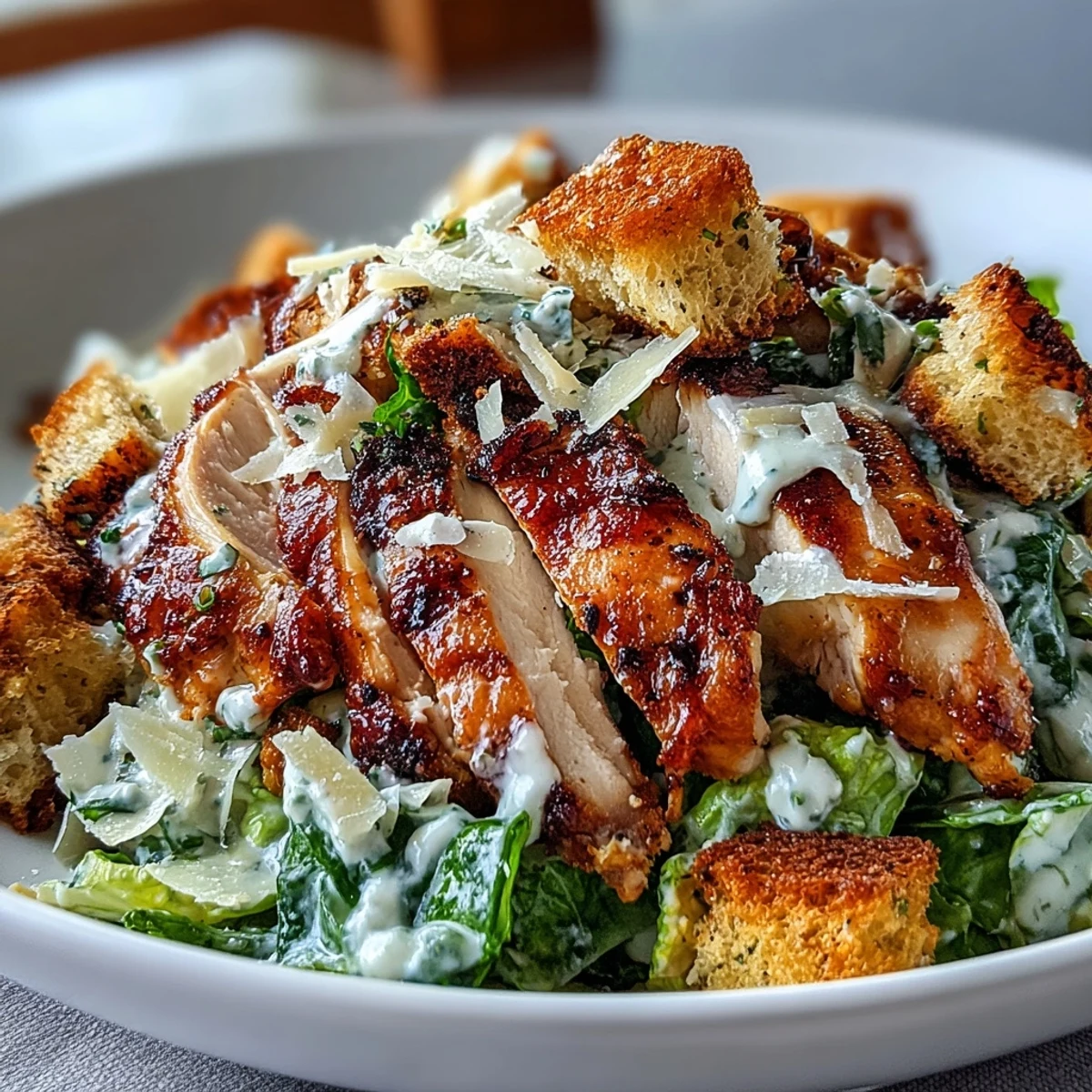 Salade César au poulet grillé avec yaourt grec et croûtons au pain au levain, dressée sur un plat blanc.