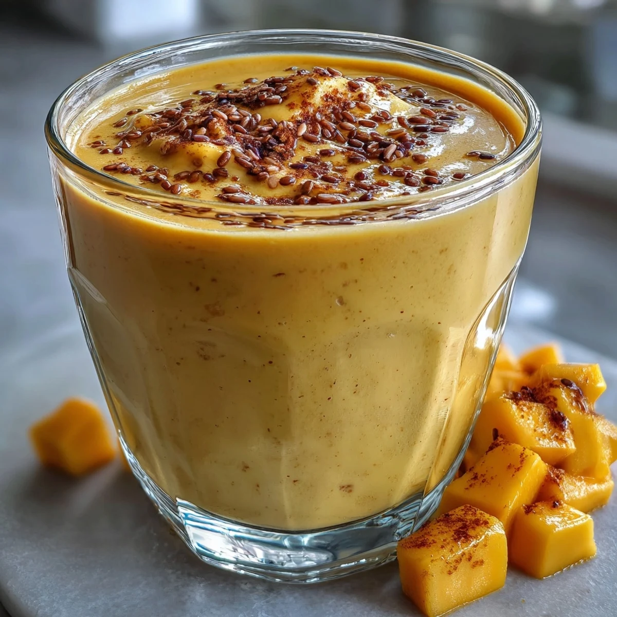 Un verre de Vegan Mango Turmeric Golden Milk Smoothie doré, éclatant et crémeux, servi avec une pincée de cannelle.