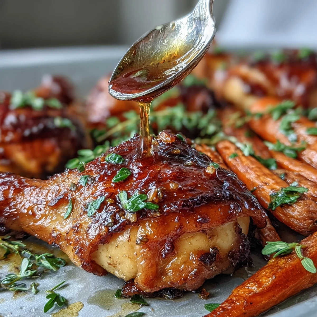 Perfectly cooked Sheet Pan Honey Garlic Chicken Drumsticks served with roasted carrots. Ideal for a quick, flavorful weeknight dinner.