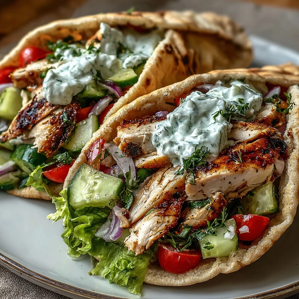 Poches de pita grec garnies de poulet mariné juteux, de crudités concombre-tomate et sauce yogurt au yaourt aigre-doux.
