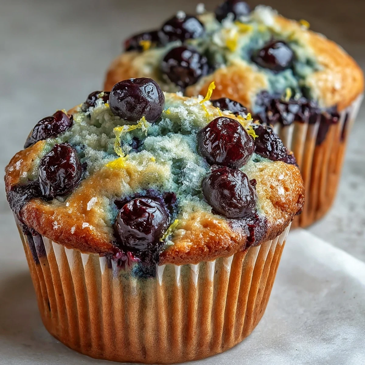 Une vue en gros plan sur des Vegan Blueberry Lemon Protein Muffins dorés, garnis de myrtilles juteuses et de zestes de citron.
