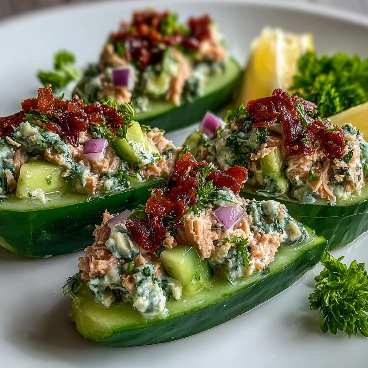 Crisp cucumber boats filled with zesty 10-Minute Tuna Avocado Cucumber Boats, served fresh on a plate.