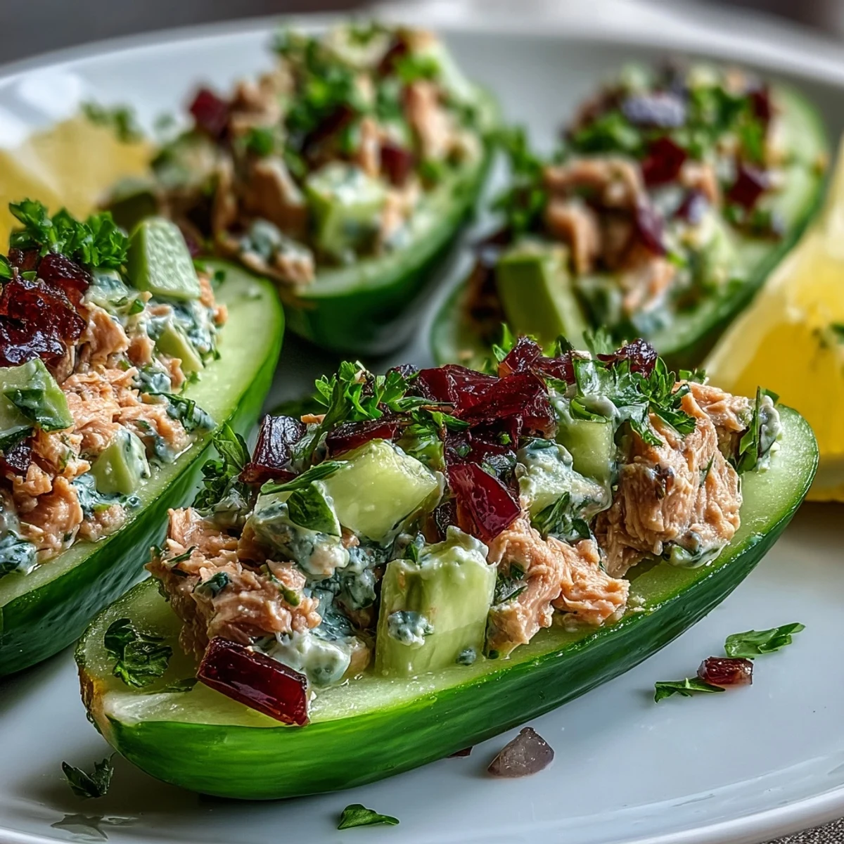 Freshly prepared 10-Minute Tuna Avocado Cucumber Boats with avocado chunks and lemon dressing for lunch.