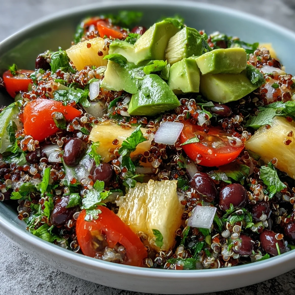 Bol de Tropical Quinoa Salad with Pineapple and Black Beans, quinoa moelleux, avocat crémeux et poivron rouge croquant, assaisonné à la lime. (14 mots)