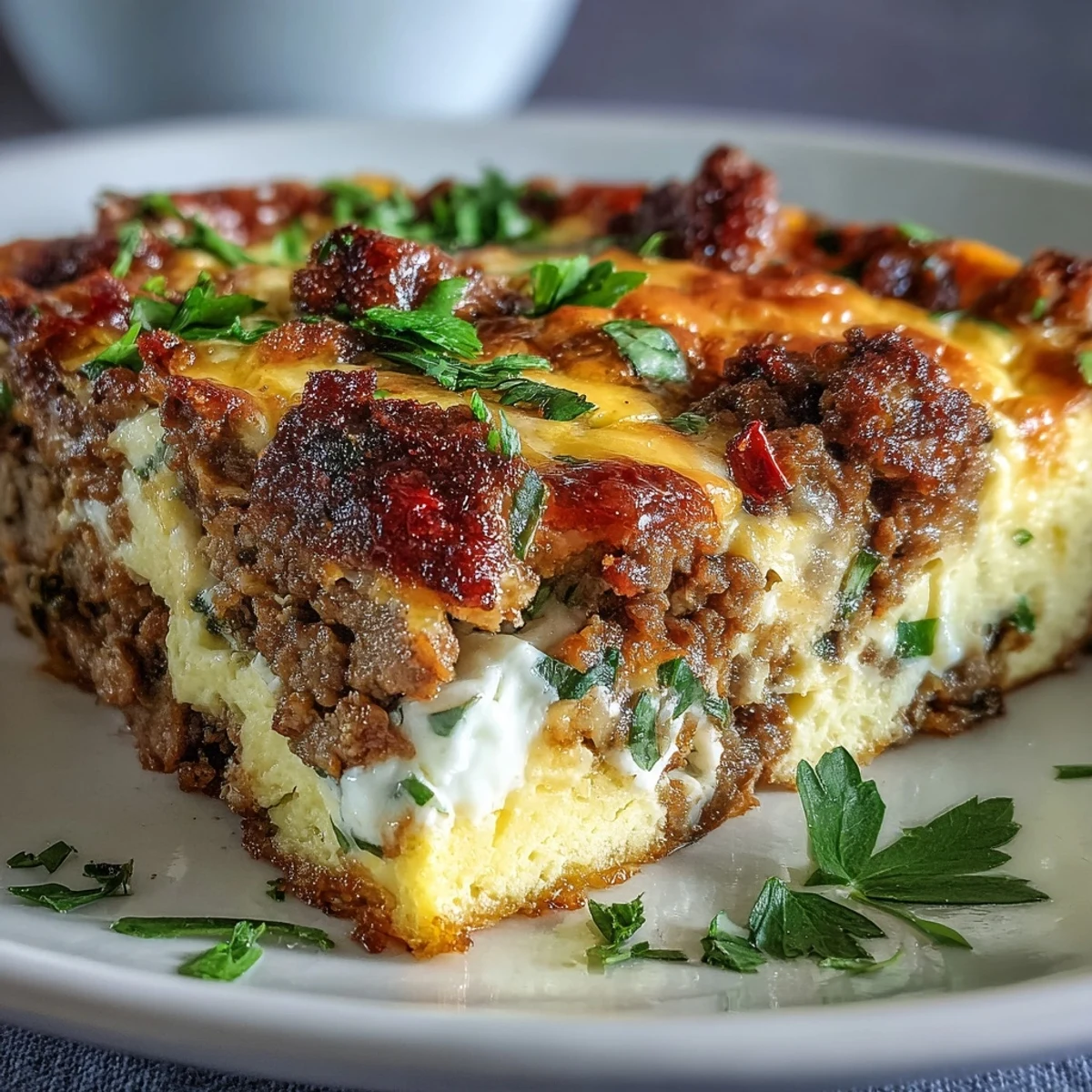 Casseroles de petit-déjeuner keto aux saucisses et aux œufs avec poivrons dorée au four, garnie de fromage fondant