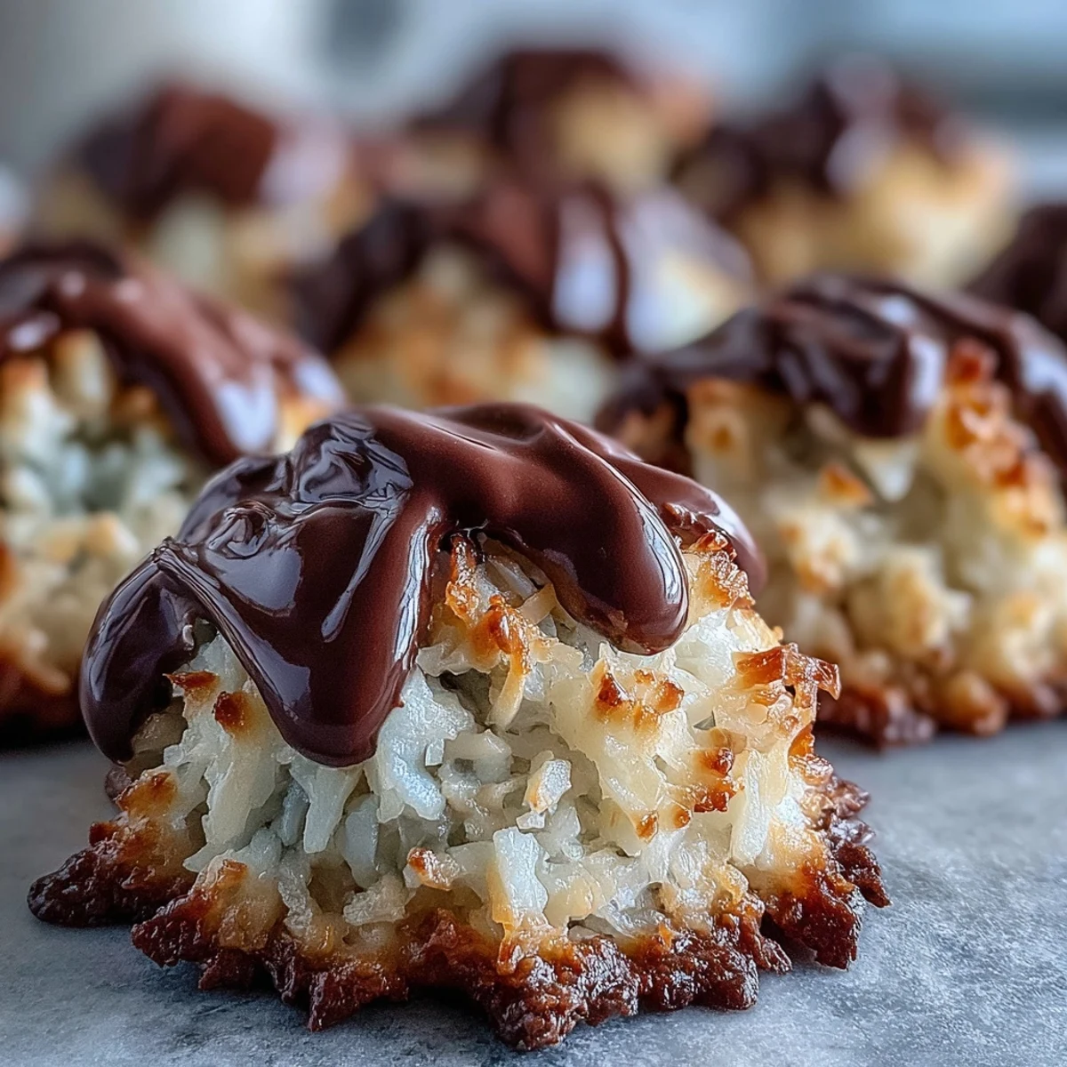 Close-up of Vegan Coconut Macaroons with Dark Chocolate Drizzle showing chewy coconut texture and rich topping.