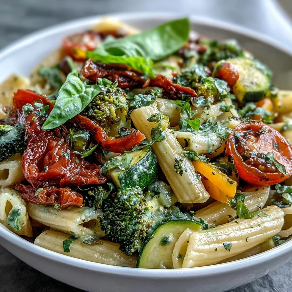 Plat de pâtes primavera végétaliennes, mijotées avec des légumes croquants et une sauce citronnée au basilic.