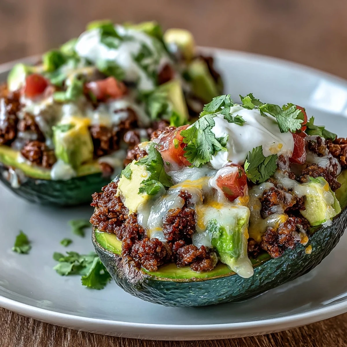 Délicieux avocats remplis de viande de taco assaisonnée, garnis de salsa piquante et de crème sure onctueuse.