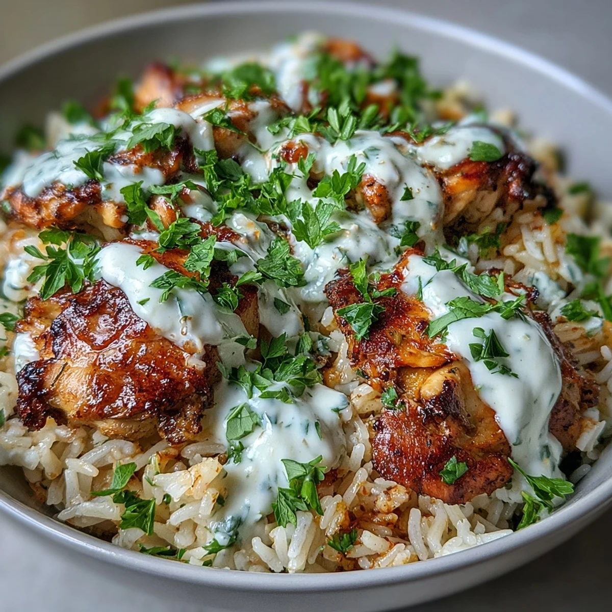 Un pot de riz et de poulet shawarma épicé, garni de persil frais et de sauce au yaourt citronné.  