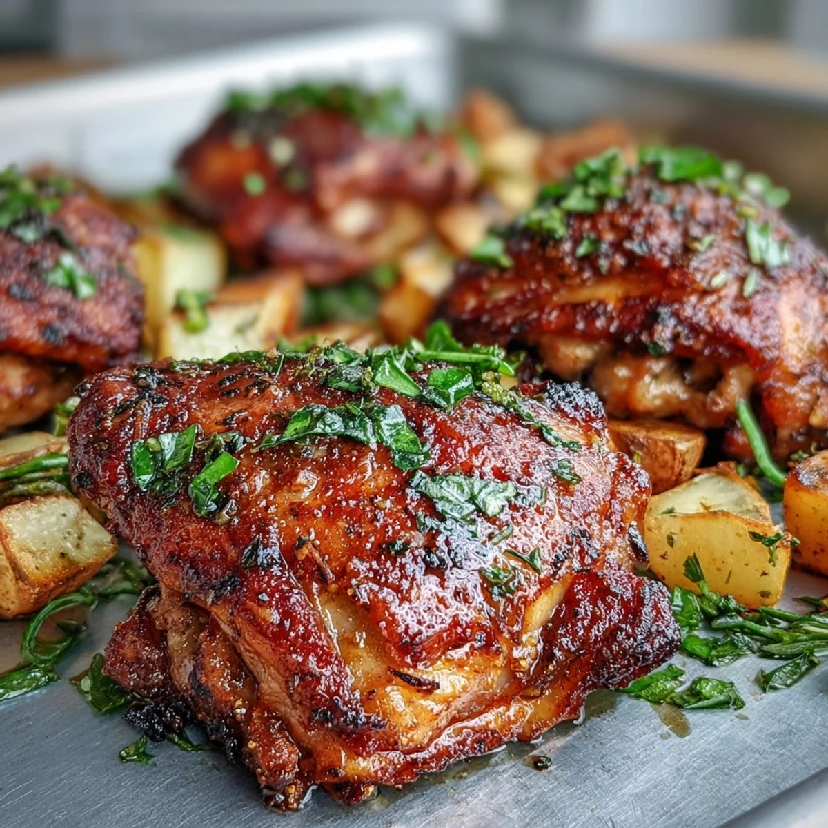 Poulet croustillant au ranch et légumes sur plaque, cuisson au four avec pommes de terre dorées et carottes tendres.  