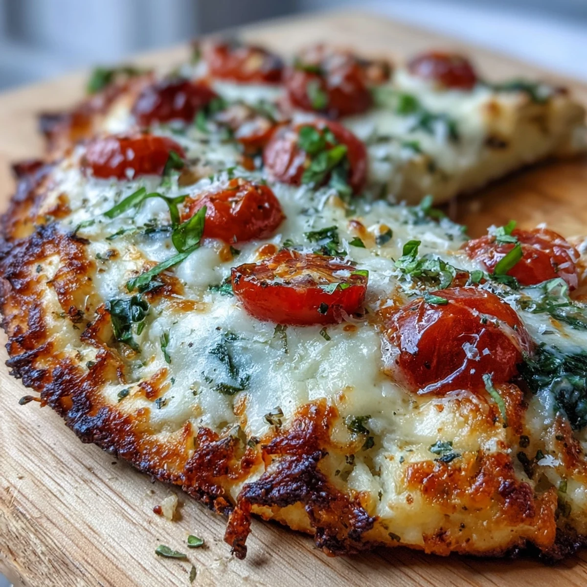 Naan à l'ail croustillant et parmesan, garni de mozzarella fondante et de légumes frais, sortant du four doré et parfumé.