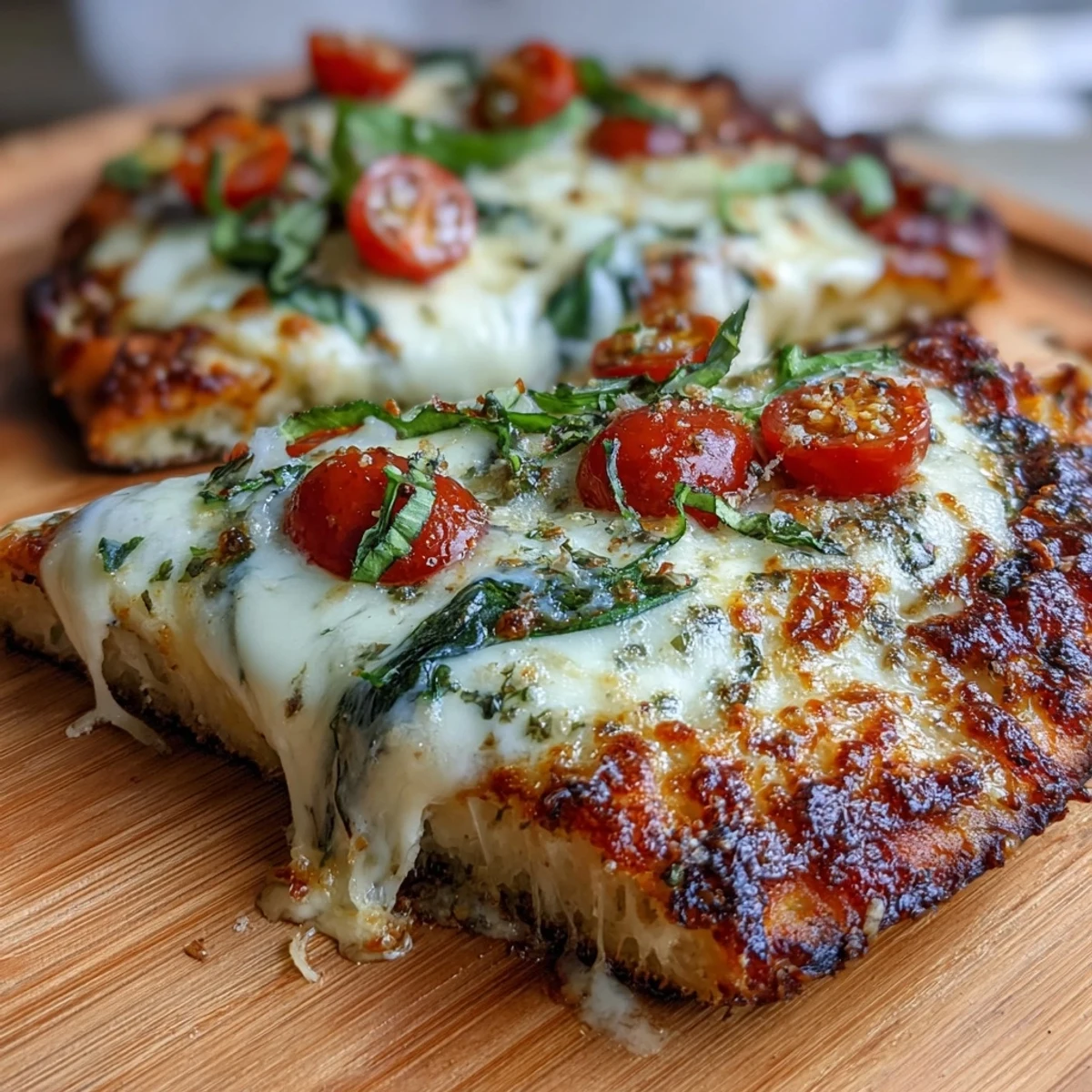 Pizza rapide sur naan à l'ail, nappée de beurre à l'ail, saupoudrée de parmesan, avec tomates cerises et oignon rouge.