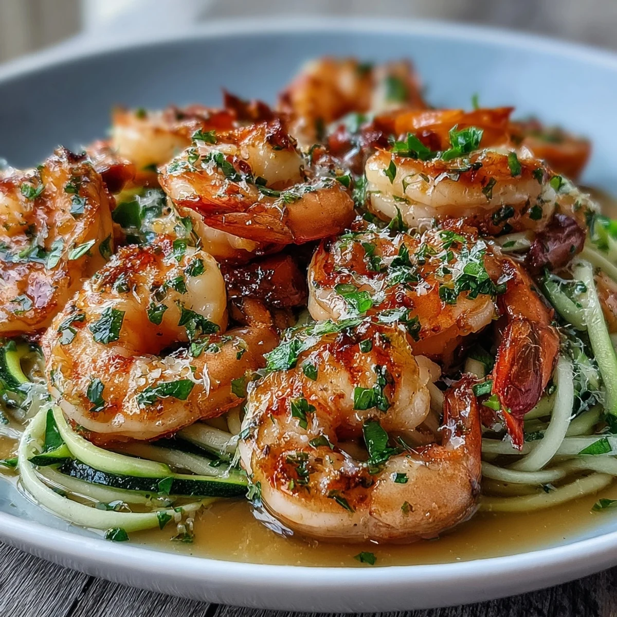 Crevettes roses et nouilles de courgettes tendres dans une sauce savoureuse au beurre et à l'ail, prêtes en 25 minutes.