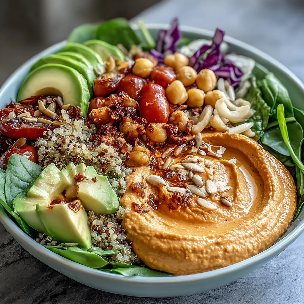 3. Satisfying vegan bowl with rich roasted red pepper hummus, shredded cabbage, greens, and crunchy pumpkin seeds for texture.
