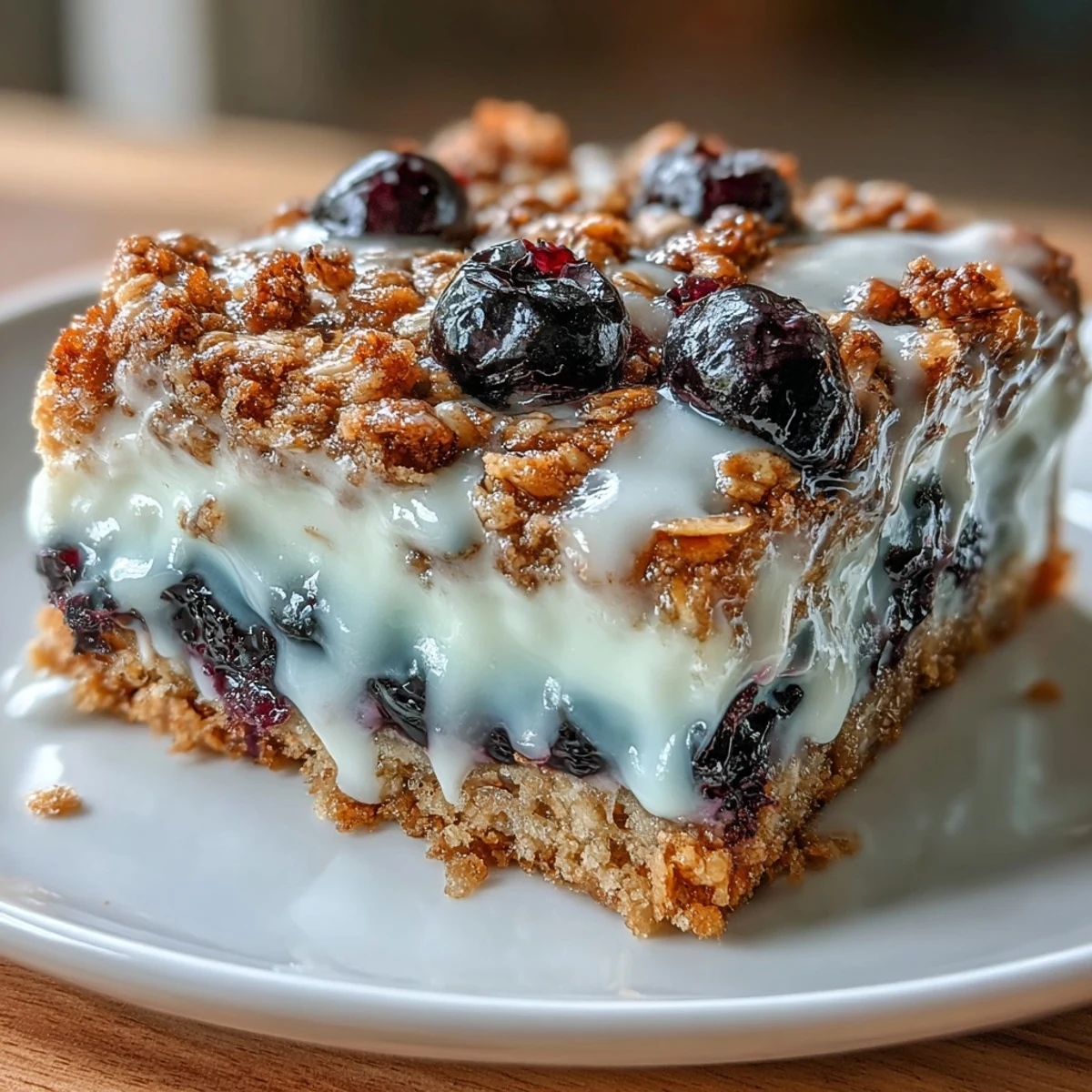 Petit-déjeuner sain aux myrtilles et flocons d'avoine avec tourbillon de yaourt grec, cuit au four et doré, servi dans un plat blanc.