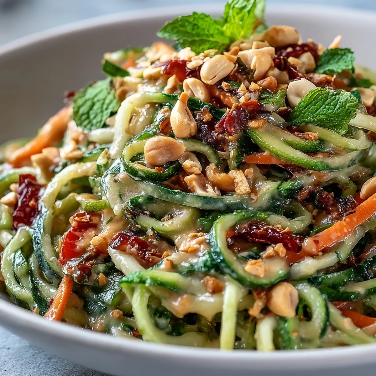 Salade de nouilles de courgettes et rubans de légumes croquants avec une vinaigrette thaï au beurre de cacahuète crémeux, idéale pour les régimes vegan et sans gluten.  