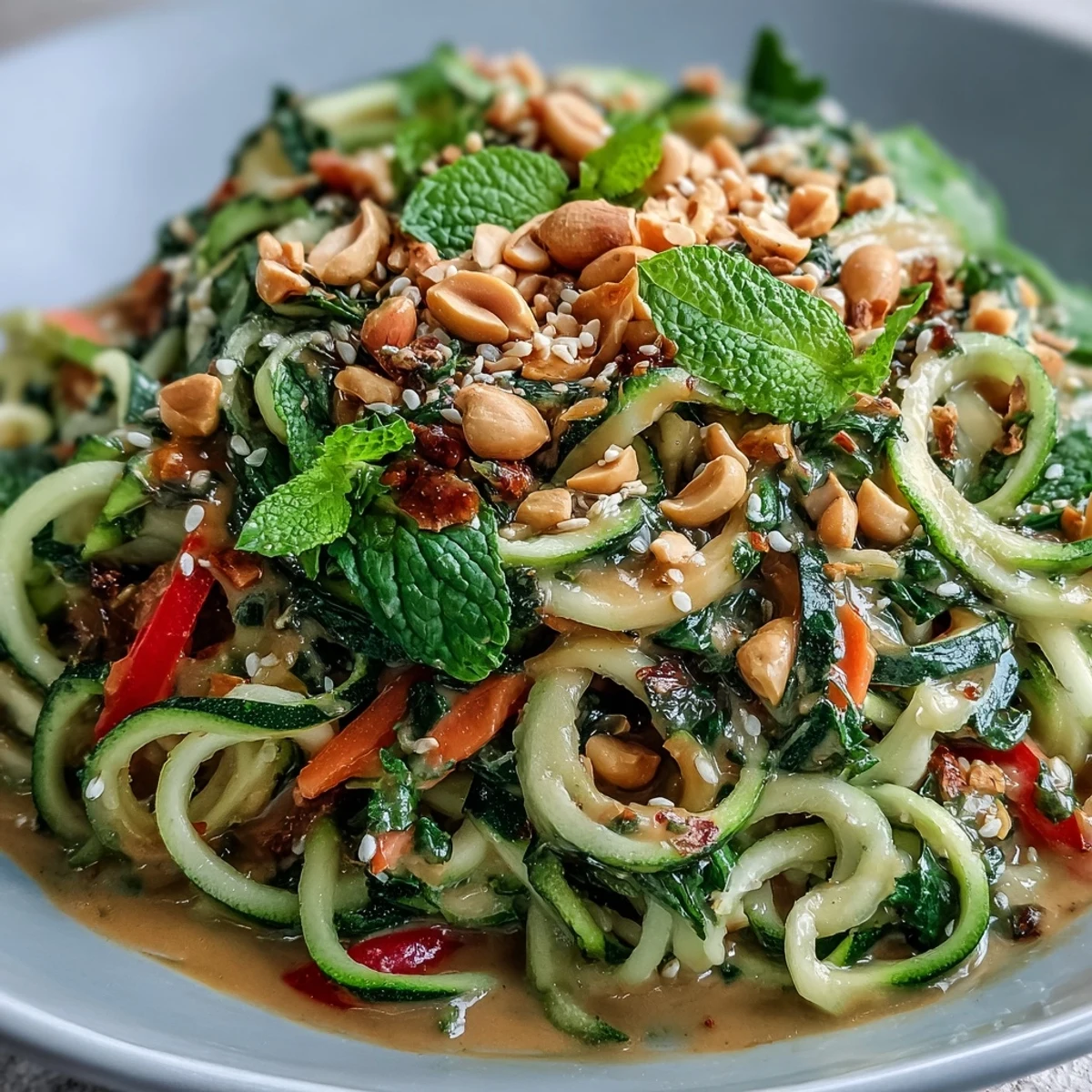 Salade thaïlandaise vegan aux nouilles de courgettes et rubans de légumes croquants, arrosée d'une sauce onctueuse au beurre de cacahuète et parsemée de cacahuètes grillées.