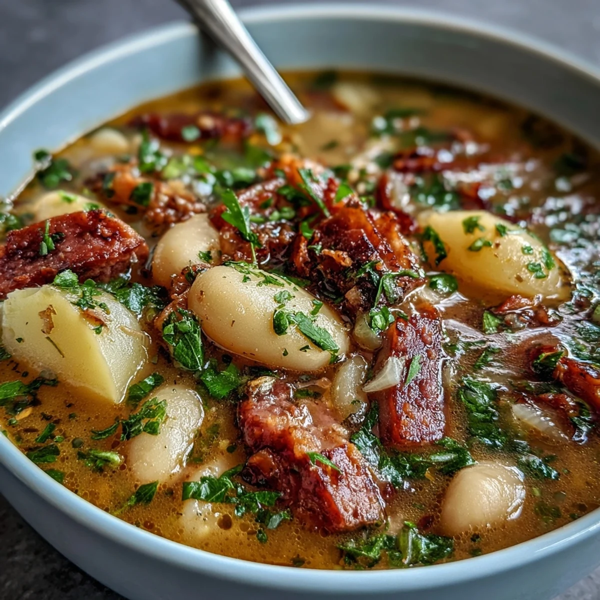 Délicieuse soupe rustique mijotée avec des haricots blancs tendres, des pommes de terre fondantes et des morceaux de jambon fumé savoureux.